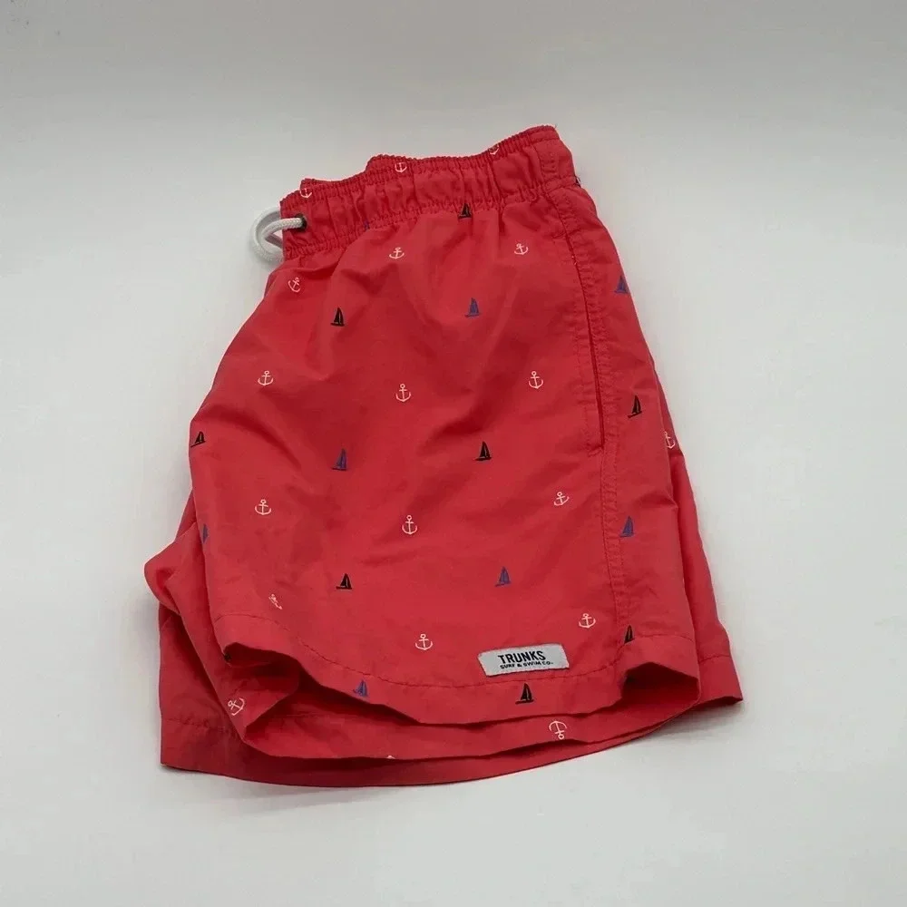 TRUNKS Surf & Swim Co. AnchoEmbroidered  Swim Trunks Men's M Red Drawstring Wais